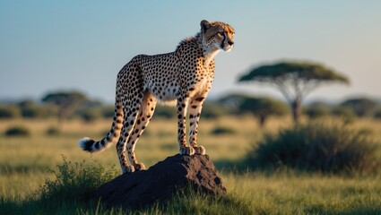 Cheetah female standing on thermite in the savanna delta