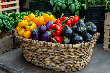 Woven Basket of Fresh Produce at Farmer&rsquo;s Market &ndash; Colorful Peppers, Eggplants, and Herbs in Organic Lifestyle Scene with Sunny Background Blur