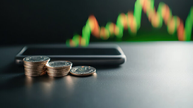 Coins stacked with smartphone displaying stock market chart on a dark surface symbolizing investment and financial growth in the digital age of trading today.