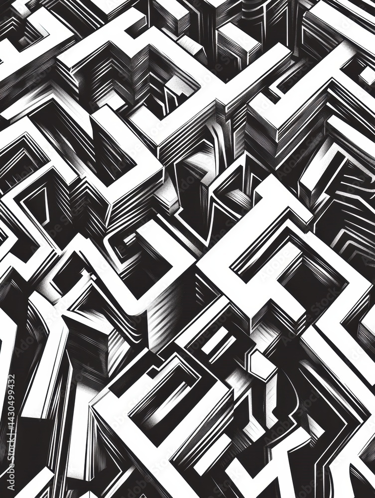 Poster intricate black and white maze illustration featuring complex paths and high contrast design generat