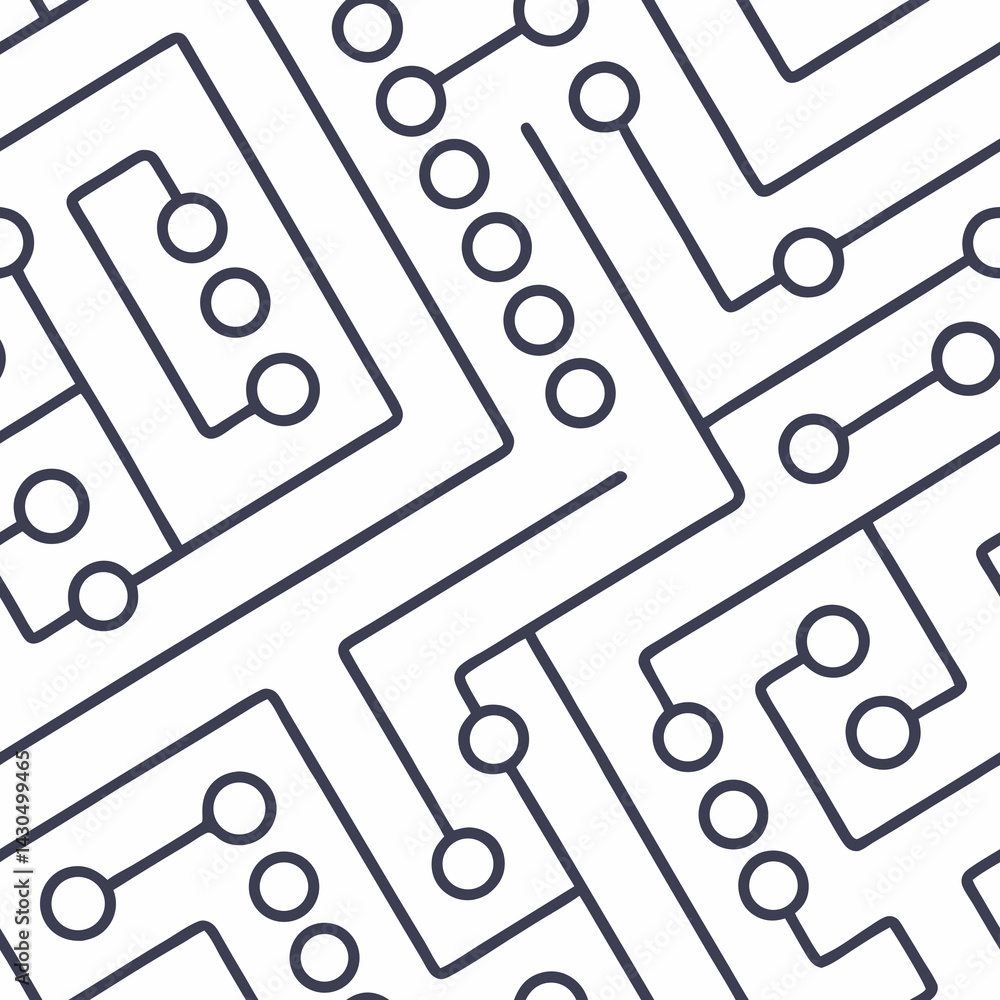 Poster seamless vector pattern of circuit lines and nodes, microchips, neural networks, technology