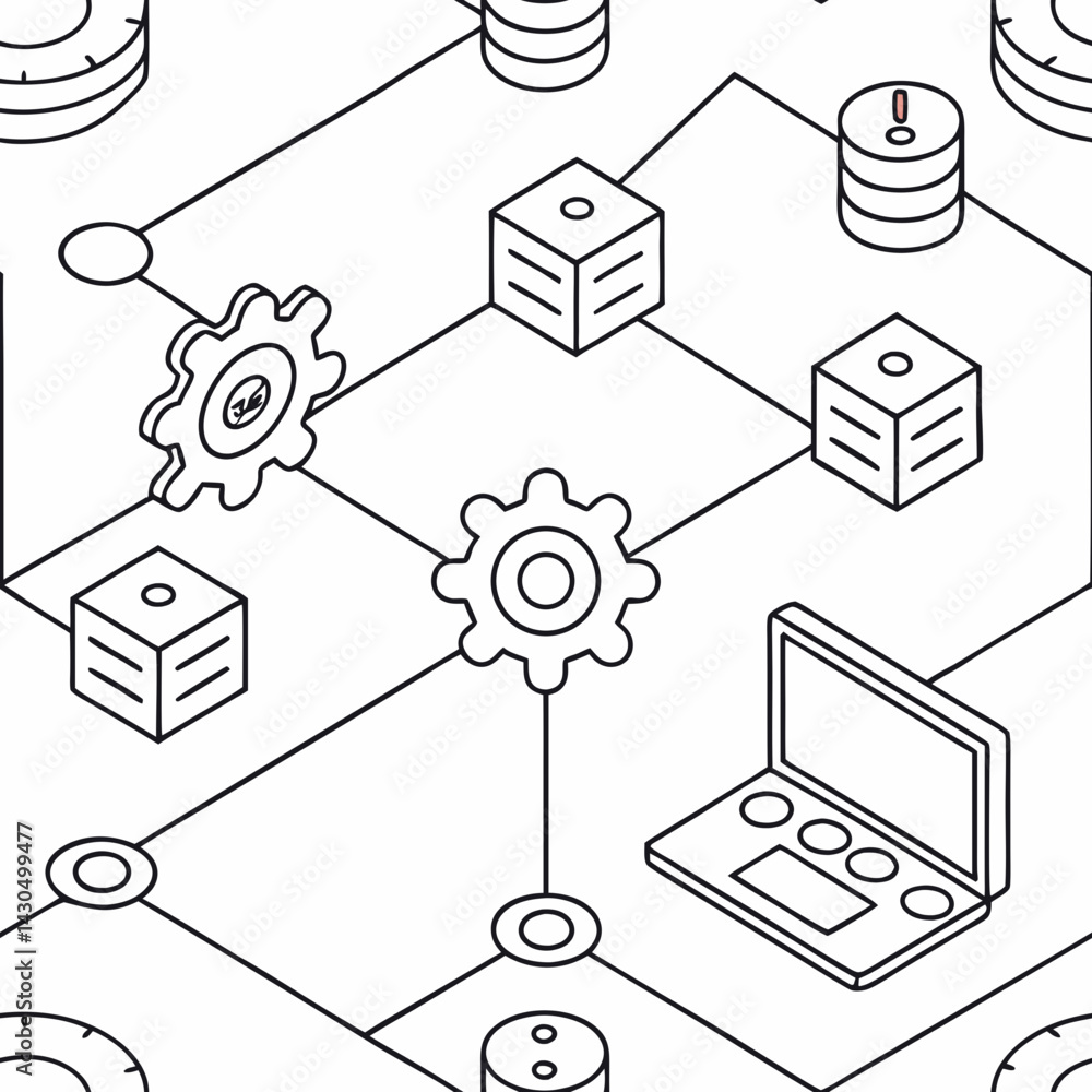 Poster seamless vector pattern of technology and gears in outline style