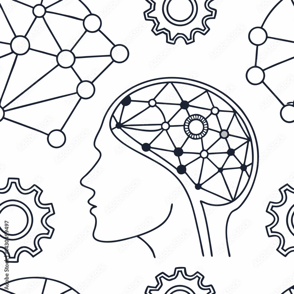 Poster seamless vector pattern of brain gears and neural connections