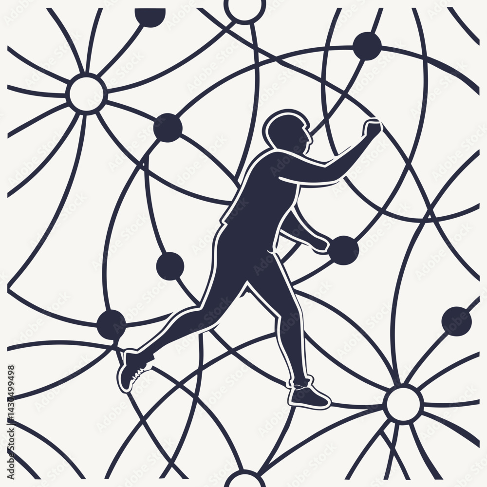 Poster running figure in abstract network pattern, seamless vector pattern