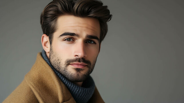 Charismatic man with a confident look and a soft gray backdrop