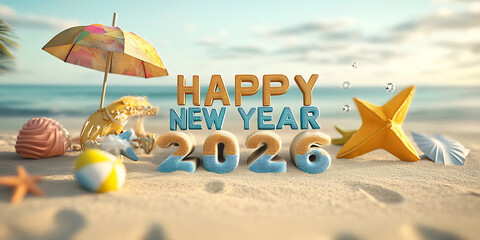 Beach Font with Happy New year 2026 Letters Wallpaper Background for Typography Art, Coastal Promotions, or Summer Campaigns