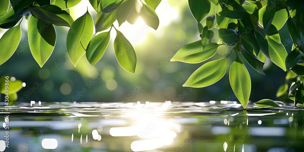 Poster calm water reflection under sunlight with blurred green leaves in the background creating a serene a