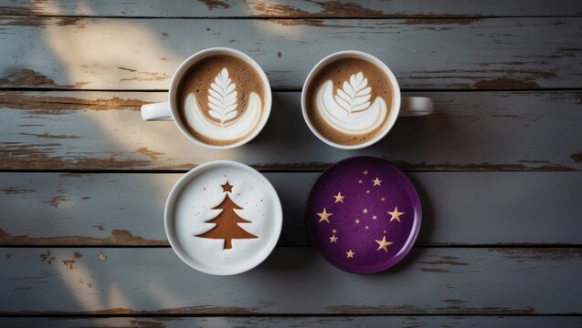 Christmas-themed coffee mugs featuring symbols on frothy surface against wood plank backdrop