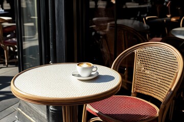 Coffee resting on a small table at a French cafe with a wicker chair under warm sunlight, White cup with coffee on a French cafe table