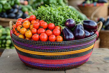 Woven Basket of Fresh Produce at Farmer&rsquo;s Market &ndash; Colorful Peppers, Eggplants, and Herbs in Organic Lifestyle Scene with Sunny Background Blur