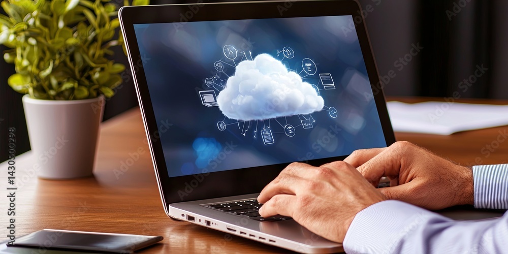 Aufkleber Hands Typing on Laptop with Digital Cloud Technology Symbols and Connections Representing Online Data Network and Modern Communication Concepts