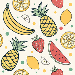 Colorful different fruit patterns, fruit stickers, vectors, and silhouettes.