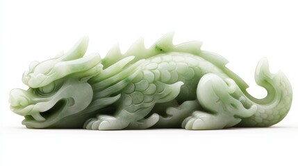 Fototapeta premium A jade carving of a mythical creature, combining elements of Chinese folklore, isolated on a seamless white background,