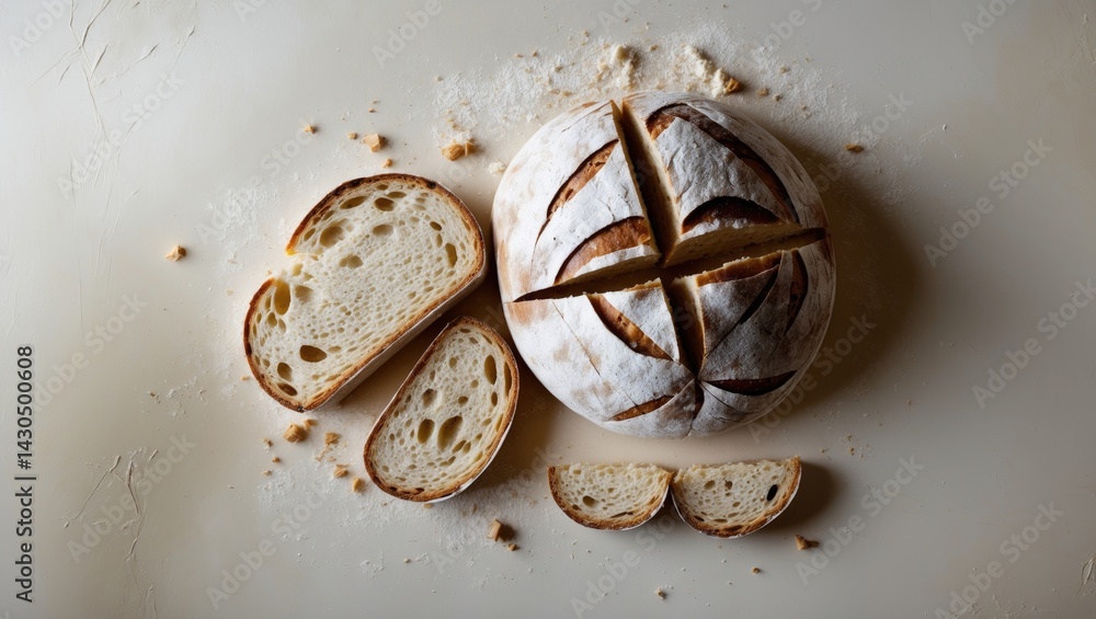 Poster slices of rye bread with crumbs on a rustic background from a top view