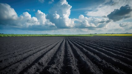 Beautiful farmland with plowed soil ready for crops under a clear blue sky