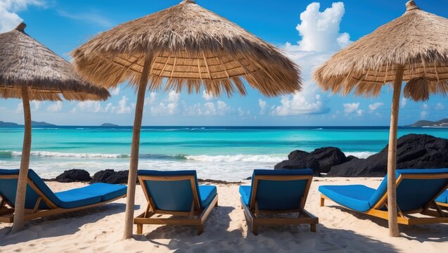 Relaxing sunbeds with comfortable mattresses on the sandy coastline beneath straw umbrellas, with the tranquil blue sea and volcanic boulders nearby.