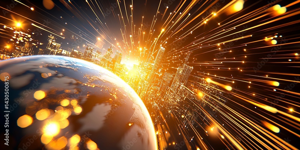 Poster stunning digital view of earth from space with dynamic light trails and bright cities, representing 