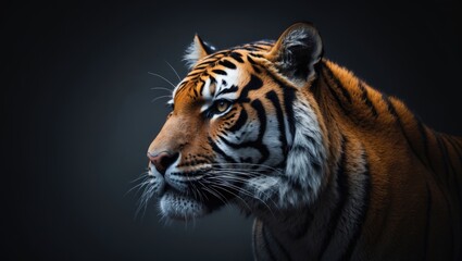 Fototapeta premium Close-up portrait of a Bengal tiger's face highlighting stripes and fur details against a dark background
