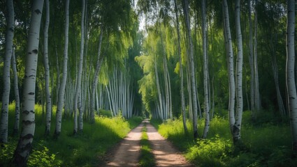 Fototapeta premium Sunny day forest path through a birch grove in the park