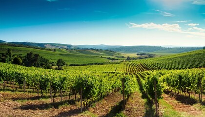Lush vineyards stretch across rolling hills under a clear blue sky, showcasing a picturesque landscape ideal for wine production.