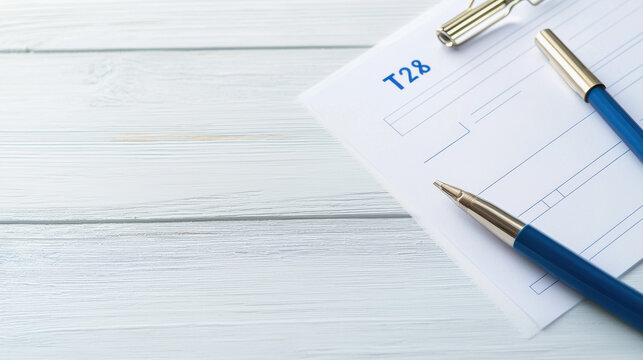 Prepa to complete the T28 tax form with two stylish blue pens and a silver clip against a modern white wood background, highlighting financial paperwork.
