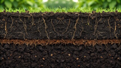 Fototapeta premium Cross-section of soil showcasing roots and layers, highlighting the relationship between soil composition and plant growth.