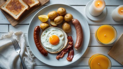 Hearty traditional breakfast featuring crispy bacon, eggs, roasted potatoes, and sausage served on a white ceramic plate against a light concrete background.