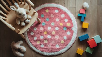 Top view of a child's room featuring a round pink rug with polka dots, toys, and wooden flooring