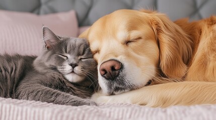 Obraz premium Dog and Cat Snuggling Together, Heartwarming Pet Friendship, Cozy and Peaceful Indoor Setting