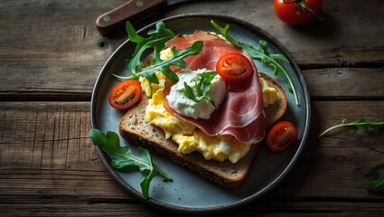 Hearty breakfast sandwich with scrambled eggs, meat, and whole grain bread - protein-rich meal from a top view
