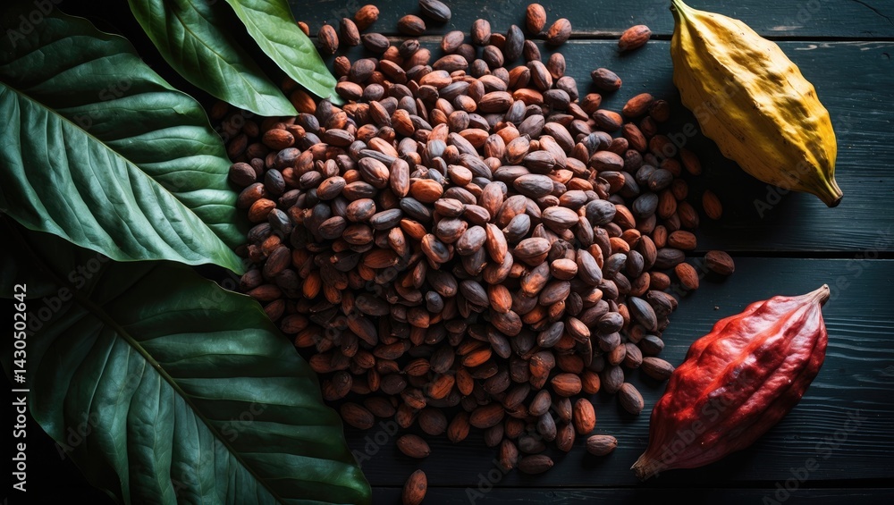 Poster cacao bean seeds and pods on a wooden table with a green background