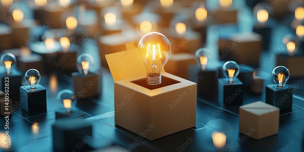 Poster creative concept of innovation with open box and light bulb surrounded by ideas, representing thinki