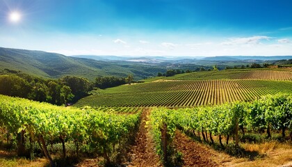 Fototapeta premium A picturesque vineyard landscape with rows of grapevines stretching across rolling hills under a bright blue sky.