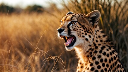 Naklejka premium Wildlife portrait of a yawning cheetah with open mouth in Africa