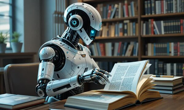 Advanced humanoid robot reading a book in library with wooden shelves in background. Concept of artificial intelligence and learning