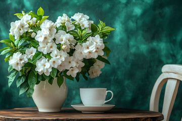 Fototapeta premium Elegant White Flowers in Vase with Coffee Cup on Wooden Table - Perfect for Home Decor and Spring Inspiration