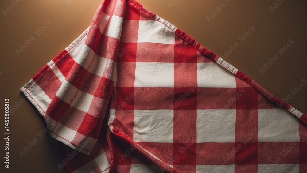 Poster top view of a red empty kitchen napkin on a table background with folded cloth for mockup and copy s