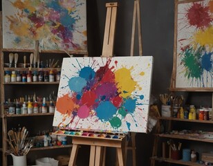 Vibrant abstract paint splashes on canvas in an artist's studio.