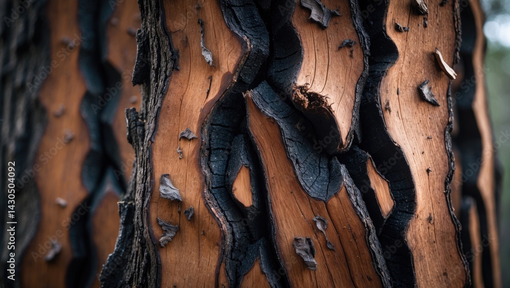 Poster Close-up of burnt tree trunk with textured pattern