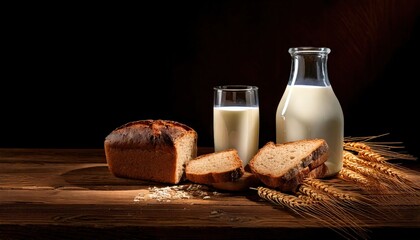 A rustic breakfast scene featuring sliced whole grain bread and a glass of milk on a wooden table with wheat stalks.