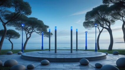 Serene seaside park featuring slender trees and blue streetlights with a peaceful view of the calm sea