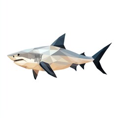 Fototapeta premium Majestic Great White Shark in Low-Poly Style, Swimming Gracefully Against a Plain White Background. A Striking Image.