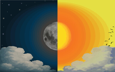 Split illustration of day and night.  the left side shows a night sky with stars and a full moon, while the right side depicts a bright sunset. Represents duality of time, Sun and moon. 