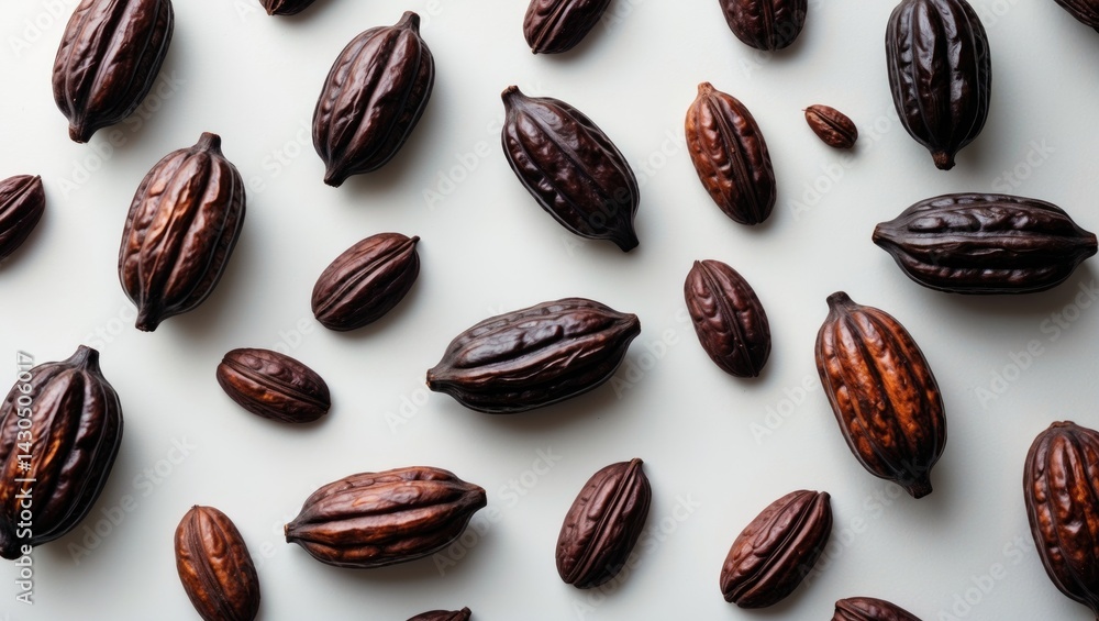 Poster Roasted cocoa beans in brown color on a white background with seed texture