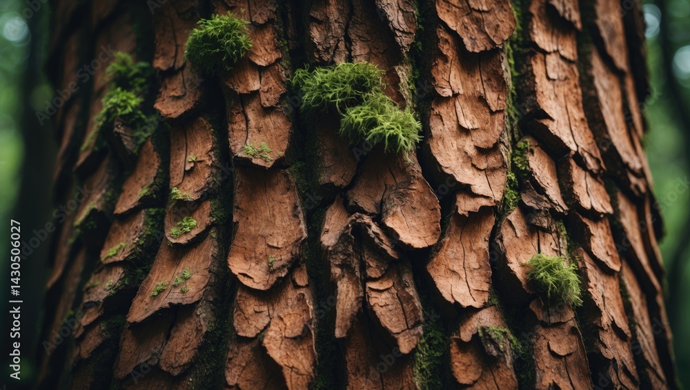 Poster close-up of weathered tree bark with moss and intricate rough pattern