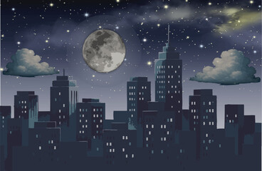 Night cityscape with a full moon, starry sky, and tall buildings. Silhouetted buildings with illuminated windows under a serene lunar glow and scattered clouds.