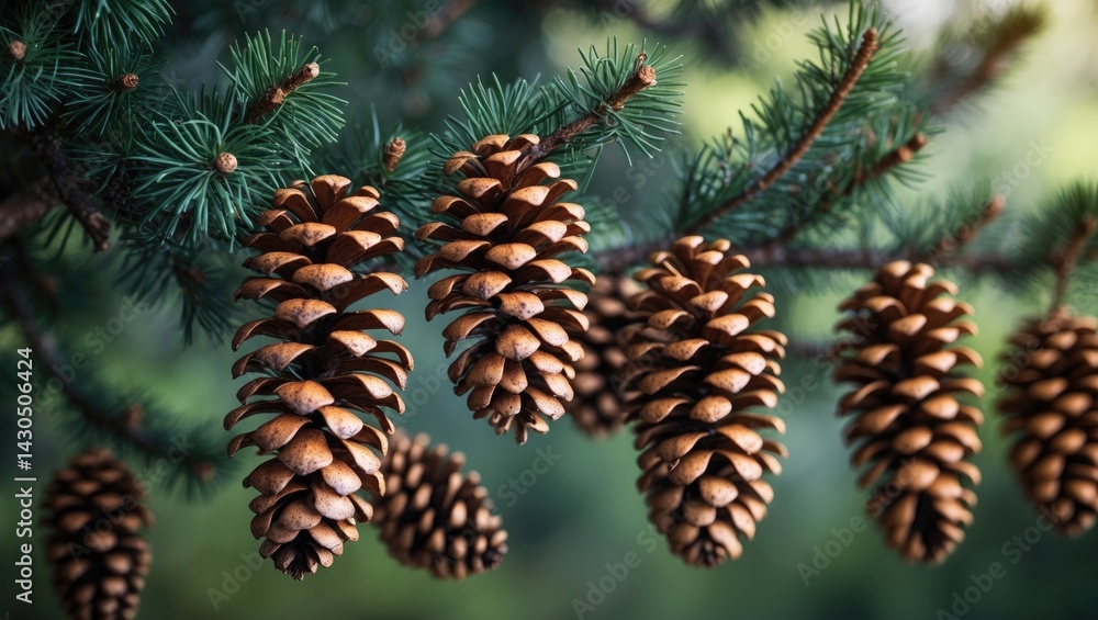 Poster detailed view of a pinecone on a tree branch in winter