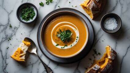 Creamy pumpkin soup with vegetables and ginger on marble background
