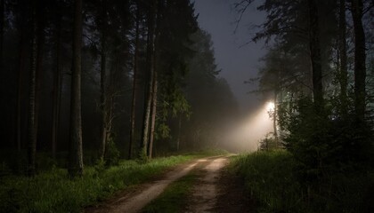 A quiet forest trail at night winds through dense trees, softly lit by a mysterious distant light shining through the fog.