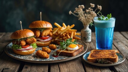 Crispy Chicken Nuggets with French Fries and Breakfast Sandwich Featuring Apple Pork Floss Egg Toast on a Taiwanese Brunch Platter
